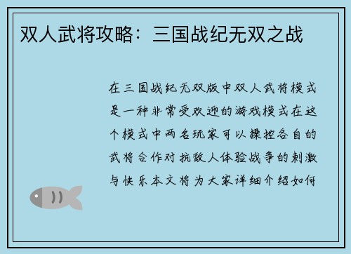 双人武将攻略：三国战纪无双之战