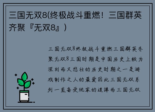 三国无双8(终极战斗重燃！三国群英齐聚『无双8』)